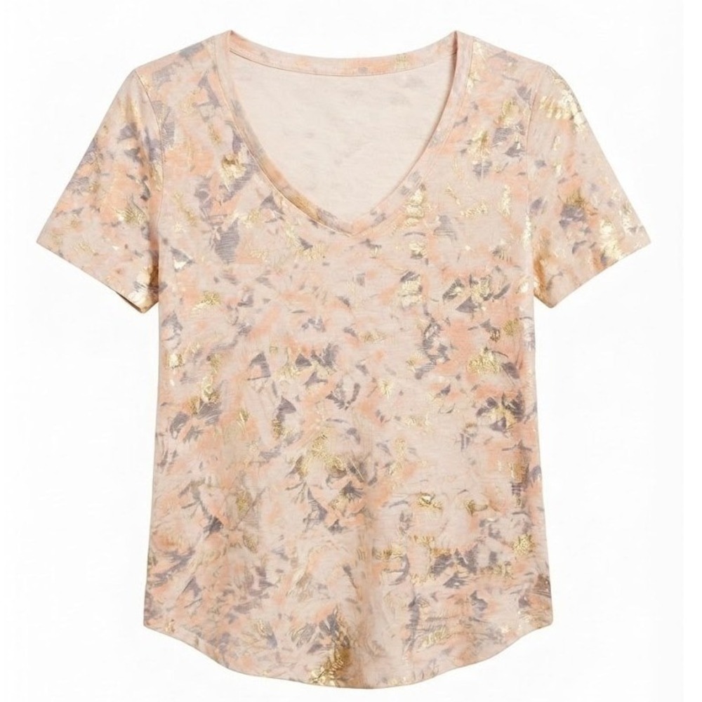 Sol Angeles x Anthropologie Cream Gold Foil Abstract V-Neck T-Shirt Large USA
